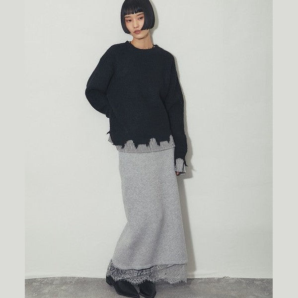 【another s】 慵懶微叛逆！條紋假兩件破壞感針織上衣 F size Japan E-Shop