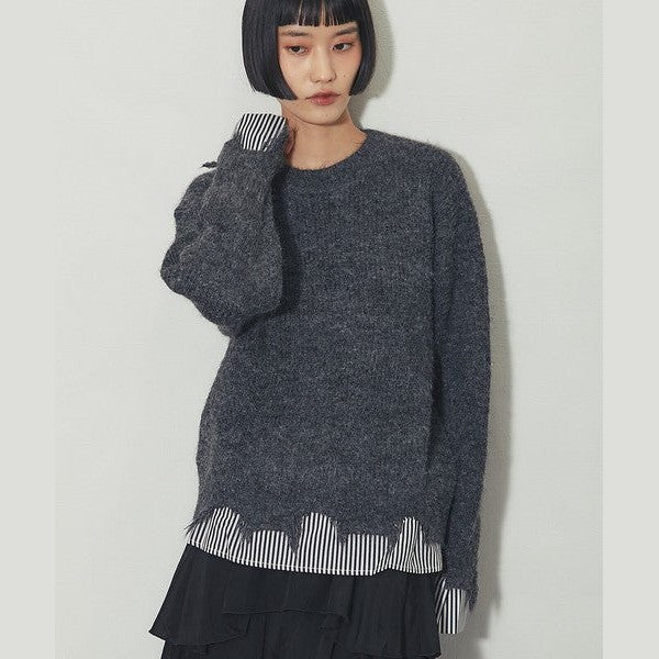 【another s】 慵懶微叛逆！條紋假兩件破壞感針織上衣 F size Japan E-Shop