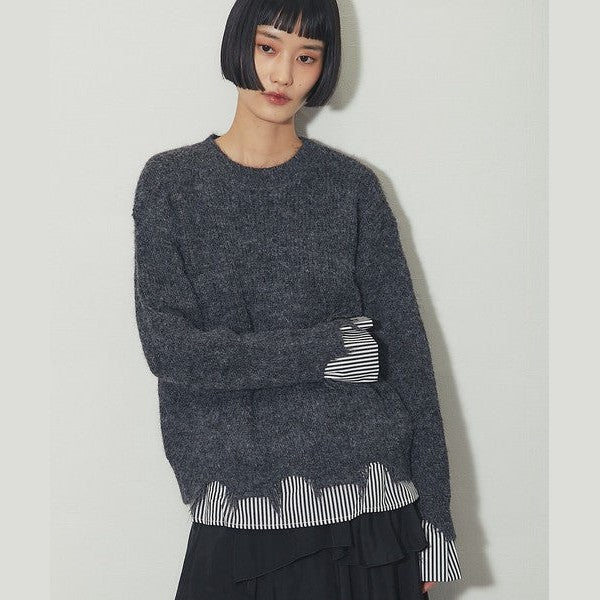 【another s】 慵懶微叛逆！條紋假兩件破壞感針織上衣 F size Japan E-Shop