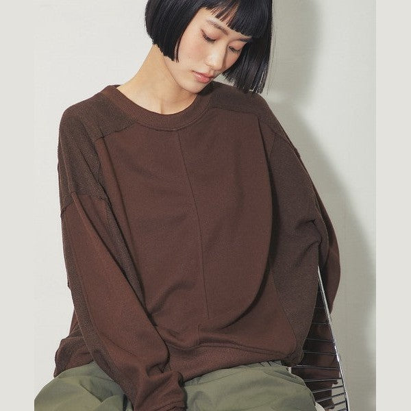 another s 復古拼接剪裁寬鬆落肩大學T M號 黑色 / 麻灰色 / 咖啡棕 Japan E-Shop