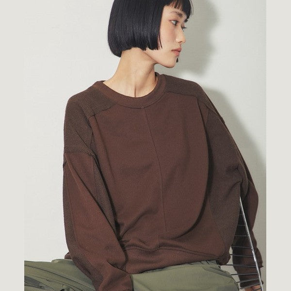 another s 復古拼接剪裁寬鬆落肩大學T M號 黑色 / 麻灰色 / 咖啡棕 Japan E-Shop