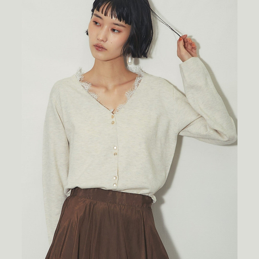 another s 精緻蕾絲飾邊V領排扣針織開襟衫 M號 Japan E-Shop