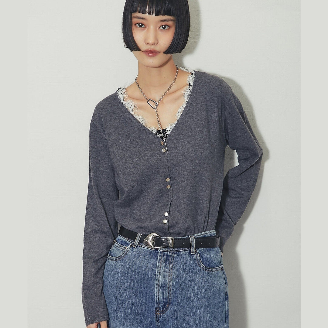 another s 精緻蕾絲飾邊V領排扣針織開襟衫 M號 Japan E-Shop