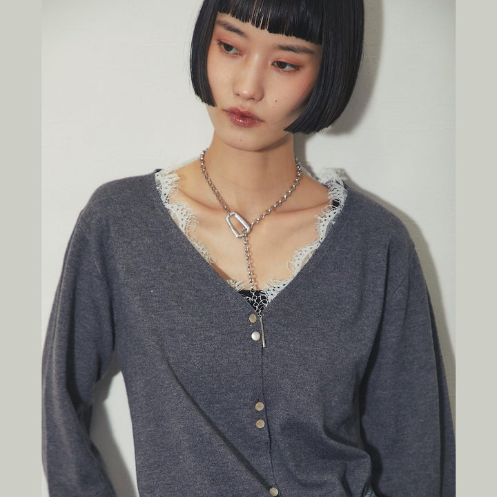 another s 精緻蕾絲飾邊V領排扣針織開襟衫 M號 Japan E-Shop