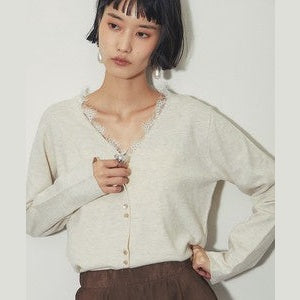 another s 精緻蕾絲飾邊V領排扣針織開襟衫 M號 Japan E-Shop