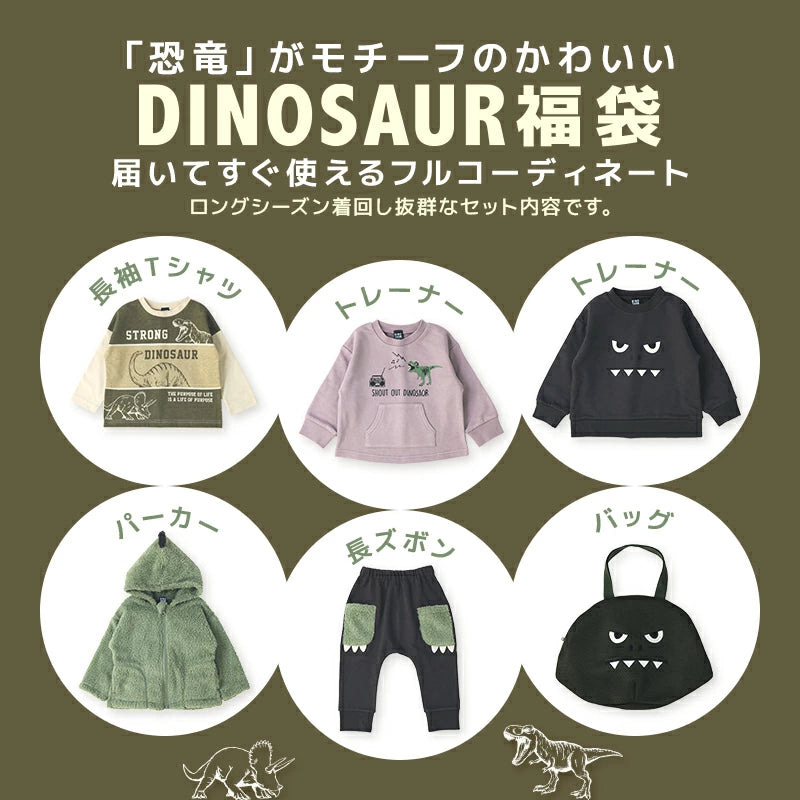 日本 zooland 福袋 恐龍主題6件超值兒童穿搭福袋｜長袖T恤＋厚棉上衣＋外套＋長褲＋恐龍立體造型包 Japan E-Shop