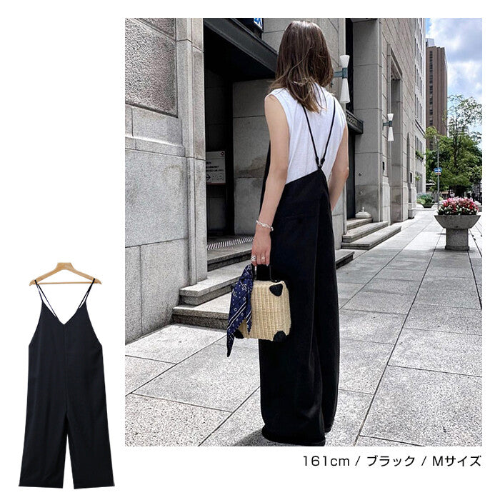 【Alma Design】V領斜紋布寬褲吊帶連身褲 可調肩帶附口袋 Japan E-Shop