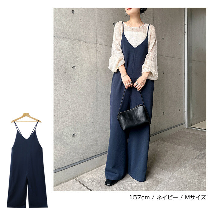 【Alma Design】V領斜紋布寬褲吊帶連身褲 可調肩帶附口袋 Japan E-Shop