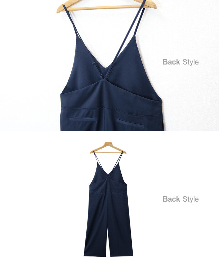【Alma Design】V領斜紋布寬褲吊帶連身褲 可調肩帶附口袋 Japan E-Shop