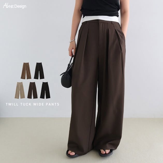 【Alma Design】日系雙褶高腰斜紋垂墜寬褲 (M-L)