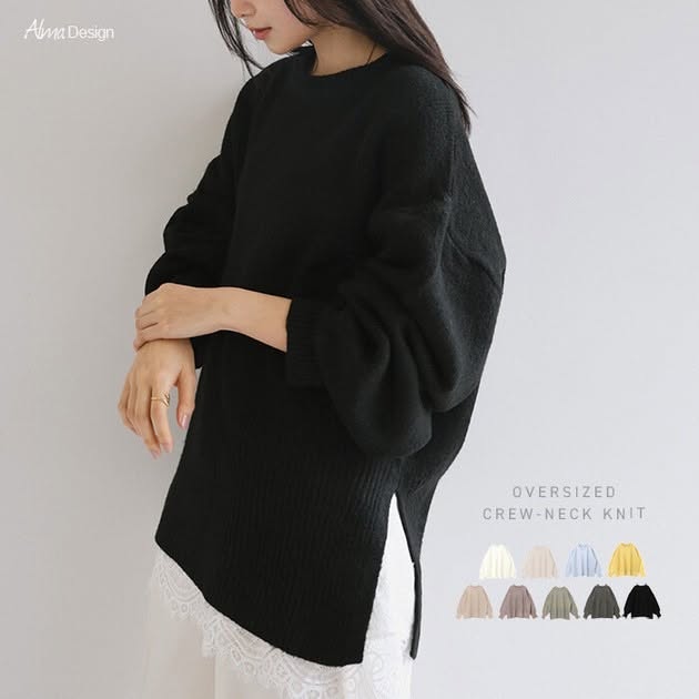 Alma Design 寬鬆箱型天竺編織圓領長袖針織上衣 M(F)