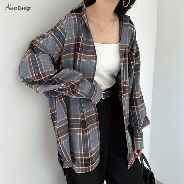 【Alma Design】英倫復古格紋落肩翻領襯衫 (M / L / 三色可選) - 穿出隨性慵懶風