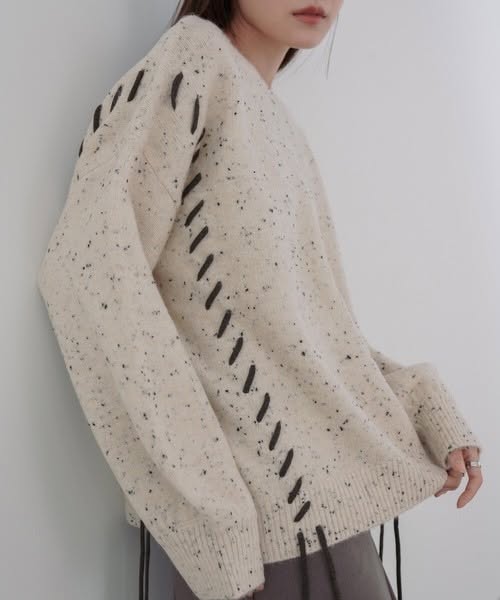 【日系慵懶感】Bab 巧克力脆片風多彩雜色麻花綁帶針織上衣 (FREE SIZE)