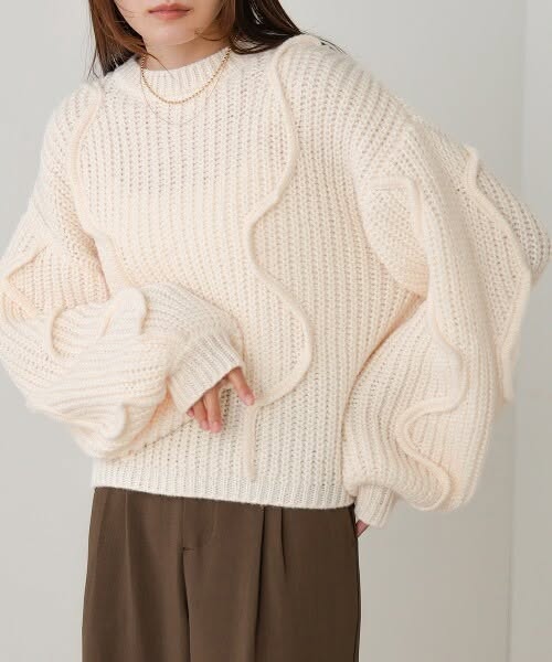 50%off中 Bab 日系波浪滾邊澎袖粗針織上衣 (FREE size)