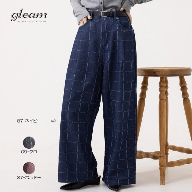 日本時尚女裝 Gleam 3D立體流蘇窗格紋復古丹寧牛仔寬褲